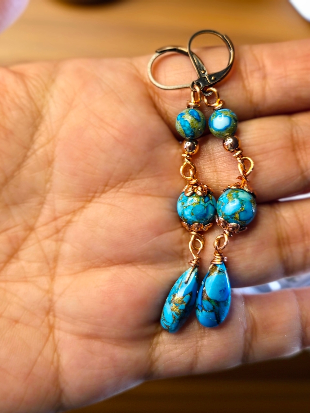 Genuine Copper Turquoise In Three Tiered Handmade Artisan Copper Earrings - Picture 6 of 8